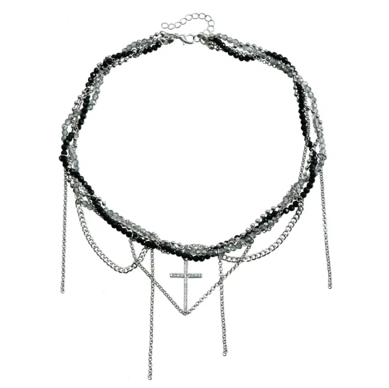 Чокер на шею многослойный с цепями Крест с кристаллами