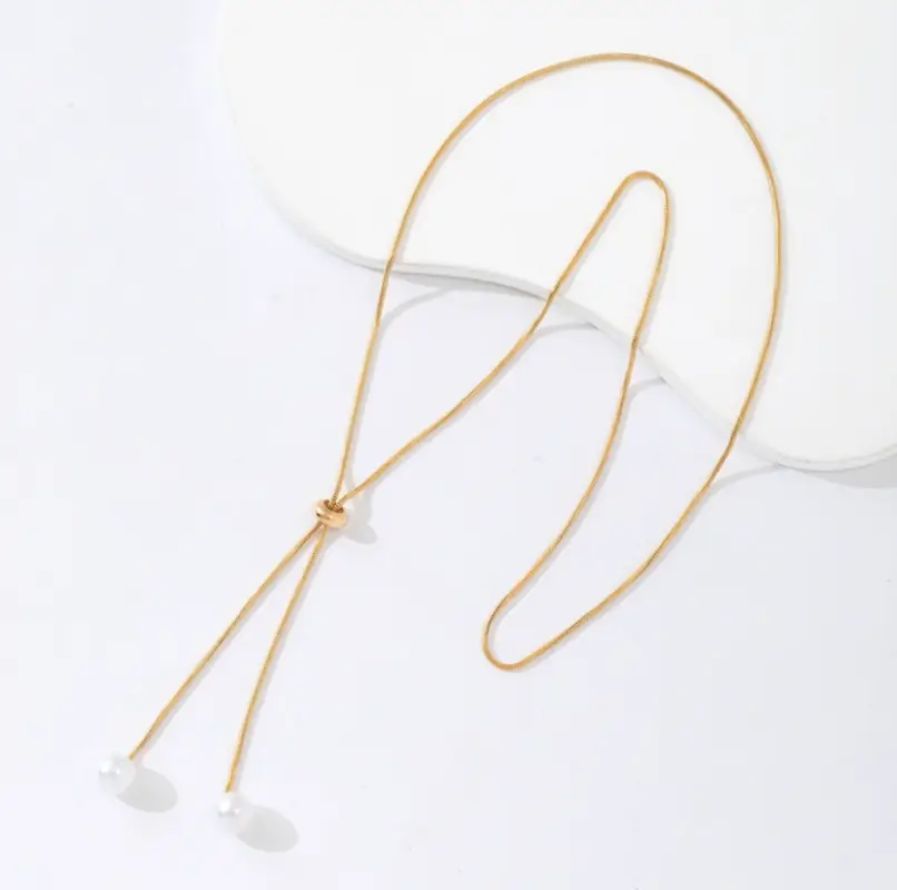 Колье на шею длинное с жемчугом желтое