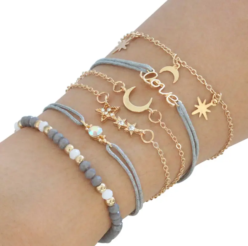 Набор браслетов с камнем цепочкой нитью голубые 6 штук