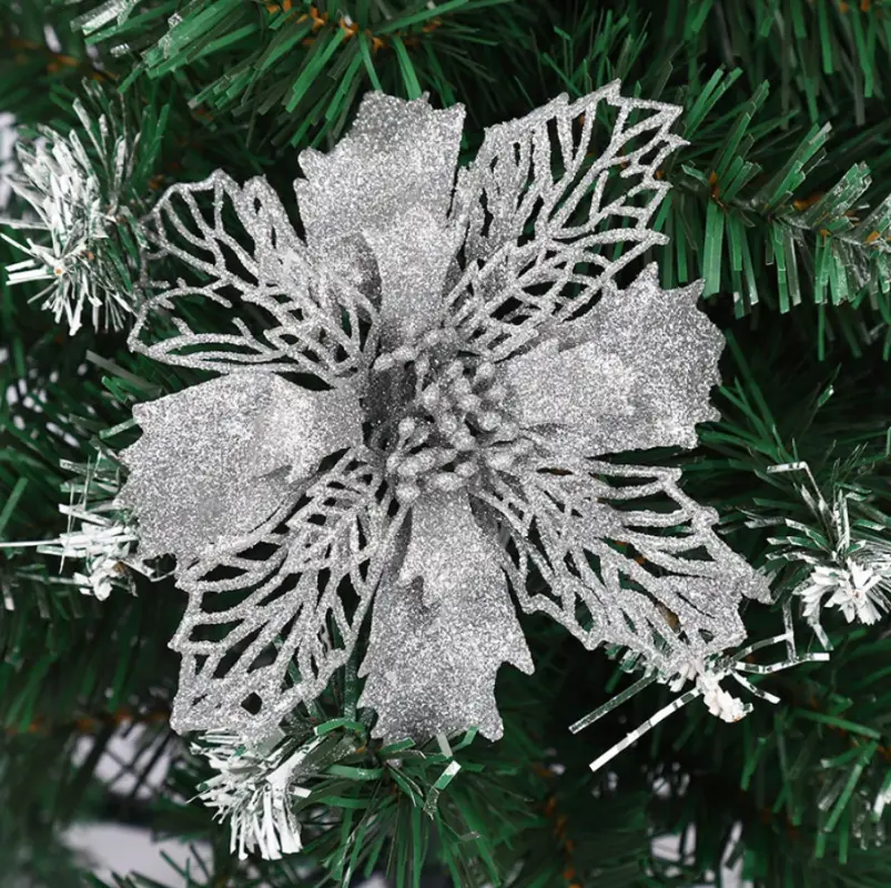 Цветок на елку новогодний Пуансеттия серебристые 3 штуки Цветок на елку новогодний Пуансеттия серебристые 3 штуки