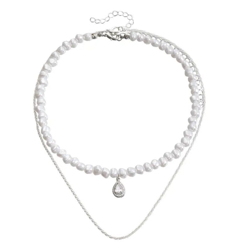 Колье на шею с жемчугом и подвеской кристалл