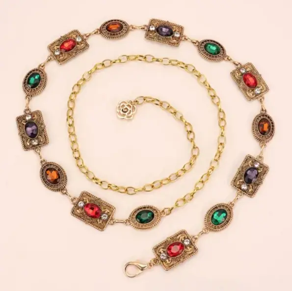 Цепочка на талию и пояс Ретро с камнями золотистая 105 см