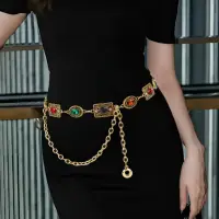 Цепочка на талию и пояс Ретро с камнями золотистая 105 см