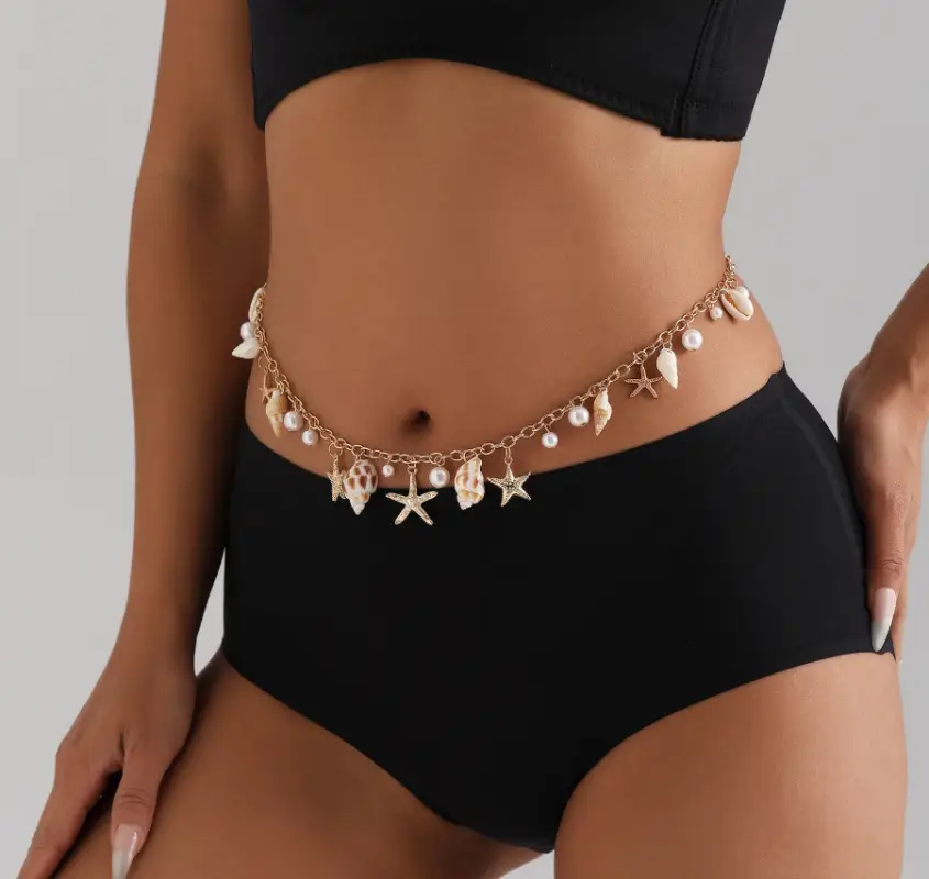 Цепочка с ракушками и жемчугом на тело, пояс золотистая 93 см