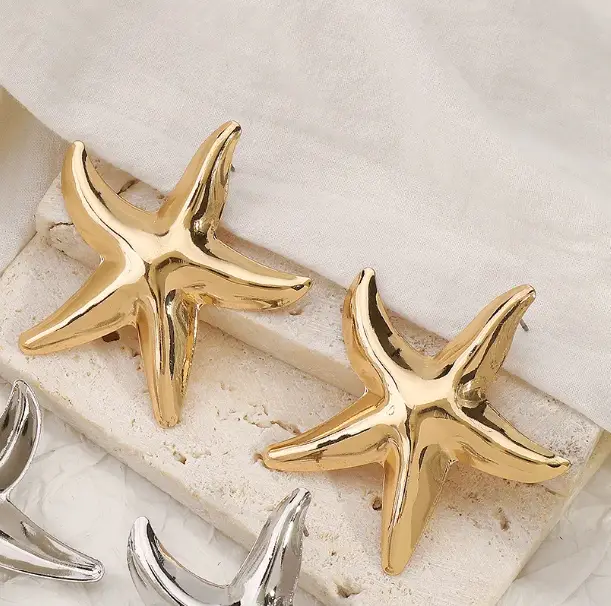 Серьги пусеты Морские звезды крупные золотистые