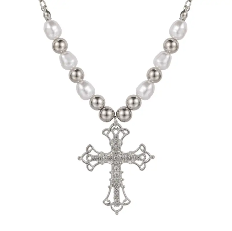 Колье на шею с жемчугом и подвеской Крест