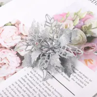 Цветок на елку новогодний Пуансеттия серебристые 3 штуки Цветок на елку новогодний Пуансеттия серебристые 3 штуки