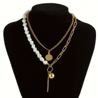 Колье на шею с жемчугом и застежкой многослойное золотистое