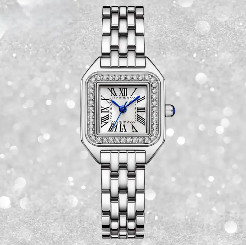 Часы женские наручные со стразами кварцевые серебристые Часы женские наручные со стразами кварцевые серебристые
