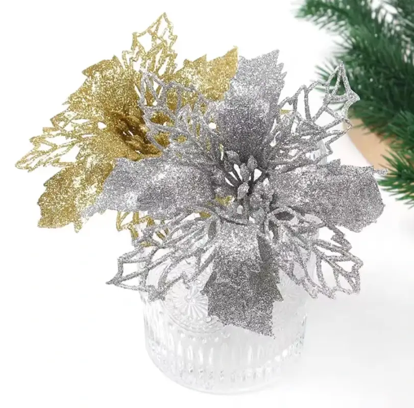 Цветок на елку новогодний Пуансеттия серебристые 3 штуки Цветок на елку новогодний Пуансеттия серебристые 3 штуки