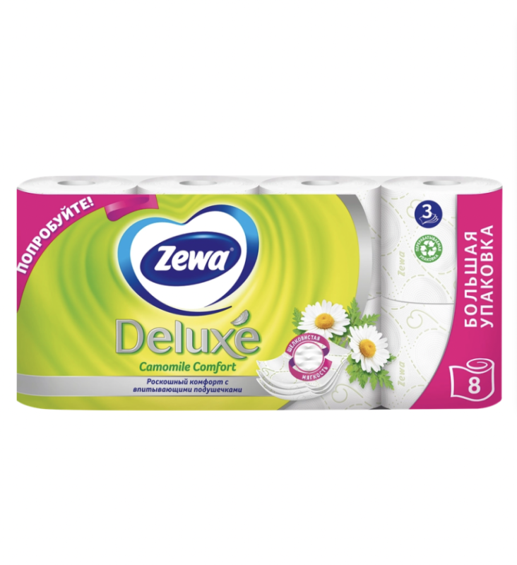Бумага туалетная ZEWA Deluxe Ромашка 3-слоя, 8шт Бумага туалетная ZEWA Deluxe Ромашка 3-слоя, 8шт