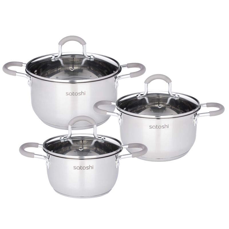 SATOSHI Альбер Набор кастрюль 6 пр.: 1,8л, 2,5л, 3,5л, бежевые силиконовые ручки, со стекл. крышкой SATOSHI Альбер Набор кастрюль 6 пр.: 1,8л, 2,5л, 3,5л, бежевые силиконовые ручки, со стекл. крышкой