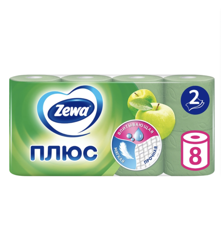 Бумага туалетная ZEWA Плюс Яблоко 2-слоя, 8шт Бумага туалетная ZEWA Плюс Яблоко 2-слоя, 8шт