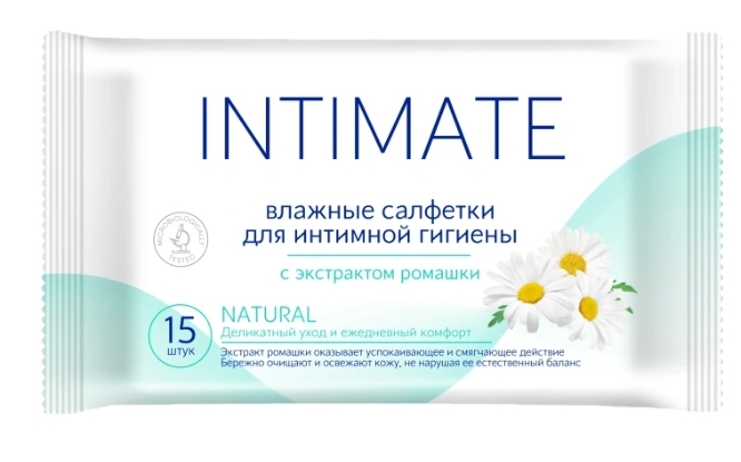 Салфетки влажные для интимной гигиены INTIMATE с экстрактом ромашки, 15шт Салфетки влажные для интимной гигиены INTIMATE с экстрактом ромашки, 15шт