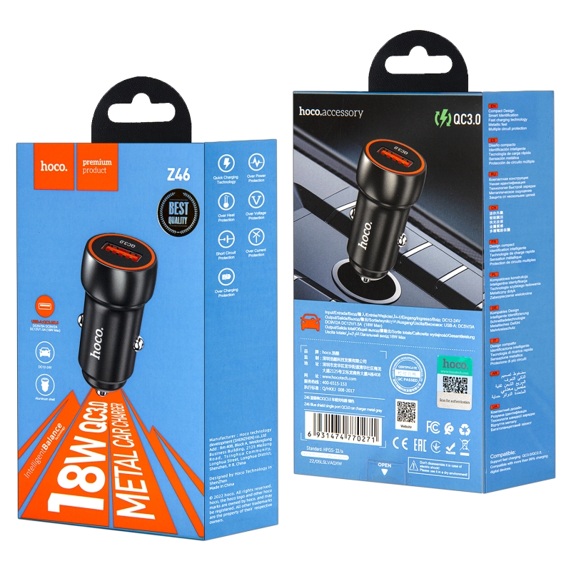 Переходник Z46 АЗУ на USB 18W QC3.0 HOCO серый Переходник Z46 АЗУ на USB 18W QC3.0 HOCO серый