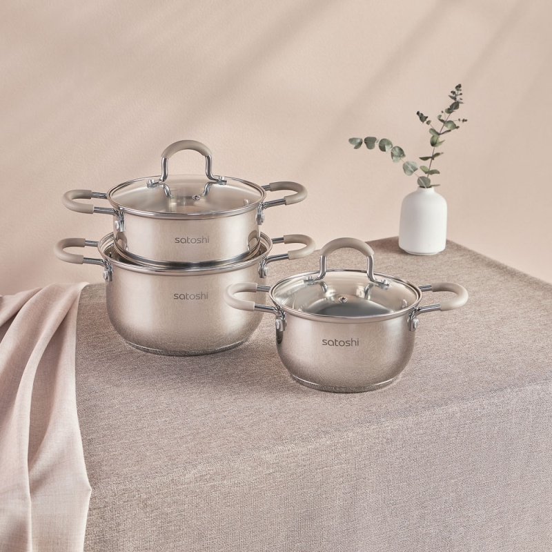 SATOSHI Альбер Набор кастрюль 6 пр.: 1,8л, 2,5л, 3,5л, бежевые силиконовые ручки, со стекл. крышкой SATOSHI Альбер Набор кастрюль 6 пр.: 1,8л, 2,5л, 3,5л, бежевые силиконовые ручки, со стекл. крышкой