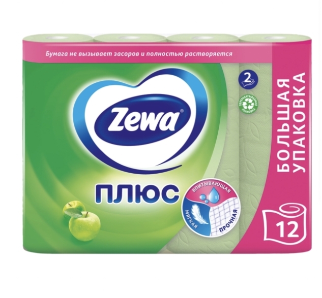 Бумага туалетная ZEWA Plus 2-слоя с ароматом яблока, 12шт Бумага туалетная ZEWA Plus 2-слоя с ароматом яблока, 12шт