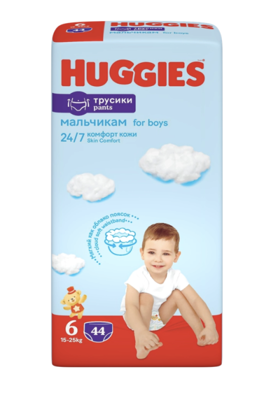 Подгузники-трусики детские для мальчиков HUGGIES 6, 15–25кг, 44шт Подгузники-трусики детские для мальчиков HUGGIES 6, 15–25кг, 44шт