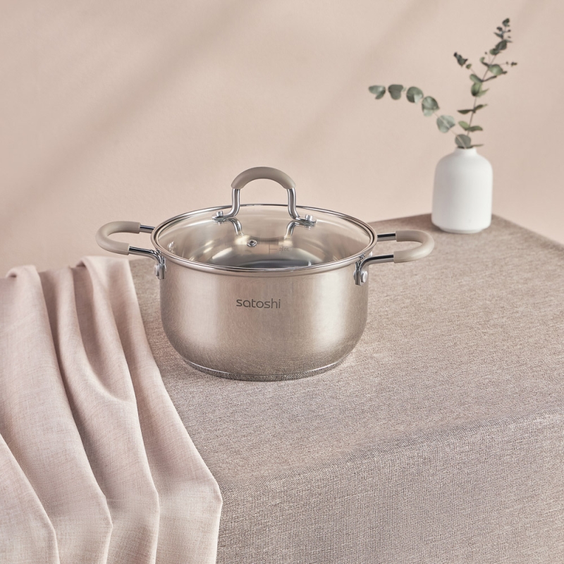 SATOSHI Альбер Набор кастрюль 6 пр.: 1,8л, 2,5л, 3,5л, бежевые силиконовые ручки, со стекл. крышкой SATOSHI Альбер Набор кастрюль 6 пр.: 1,8л, 2,5л, 3,5л, бежевые силиконовые ручки, со стекл. крышкой