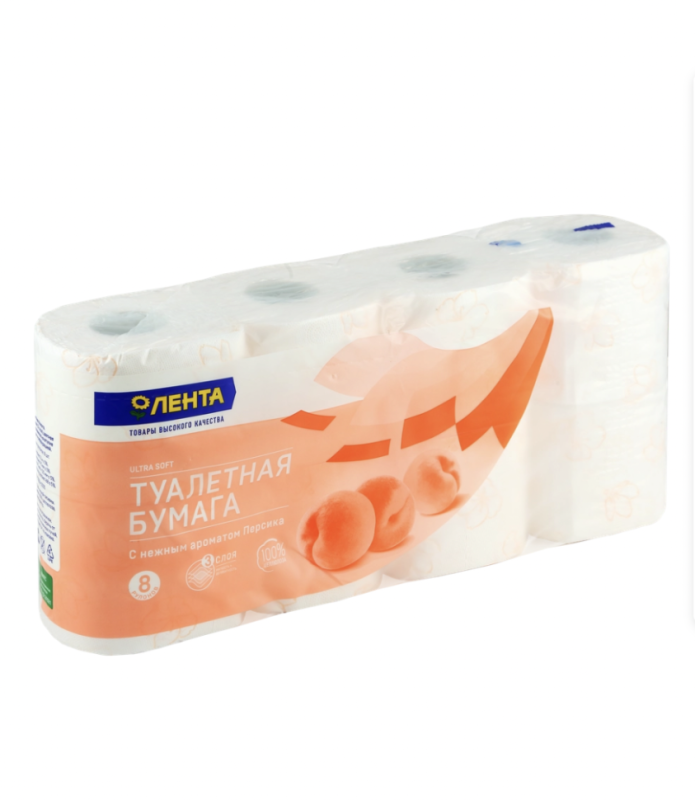 Бумага туалетная ЛЕНТА 3 слоя с ароматом персика, 8шт Бумага туалетная ЛЕНТА 3 слоя с ароматом персика, 8шт
