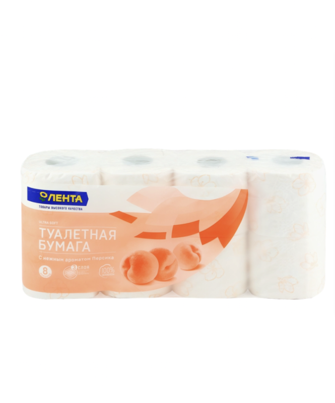 Бумага туалетная ЛЕНТА 3 слоя с ароматом персика, 8шт Бумага туалетная ЛЕНТА 3 слоя с ароматом персика, 8шт
