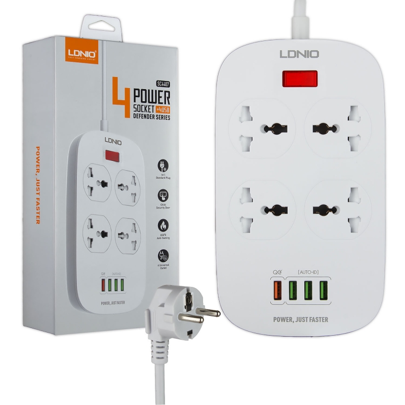 Сетевой фильтр на 4 розетки + 4USB SC4407 EU LDNIO белый (30шт/кор) Сетевой фильтр на 4 розетки + 4USB SC4407 EU LDNIO белый (30шт/кор)