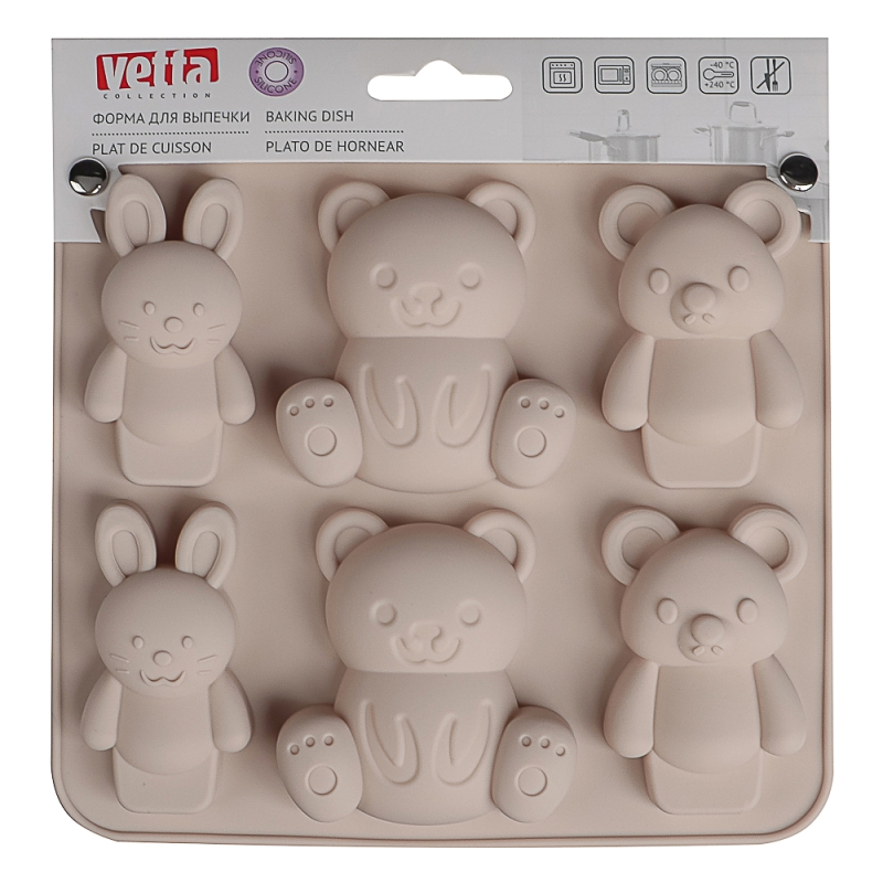 VETTA Форма для выпечки 6 ячеек 16х14х2см, VETTA Форма для выпечки 6 ячеек 16х14х2см, "Мишки и зайчики", силикон, 3 цвета