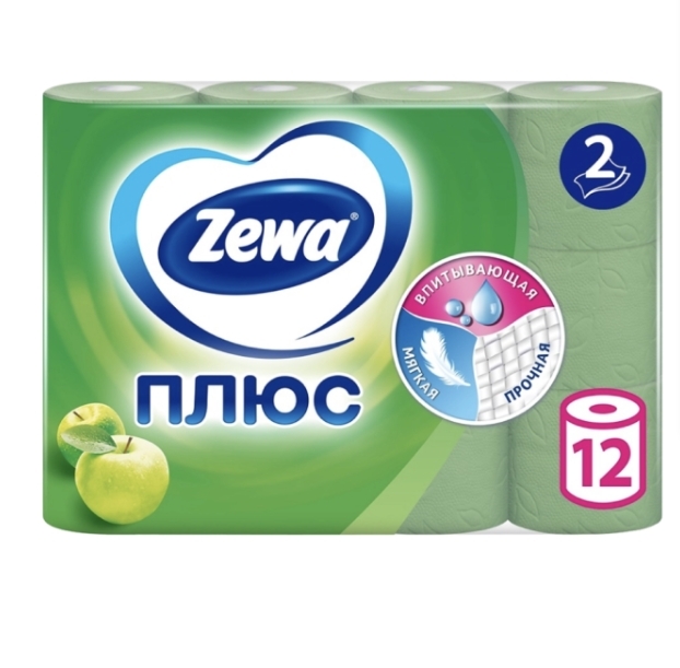 Бумага туалетная ZEWA Plus 2-слоя с ароматом яблока, 12шт Бумага туалетная ZEWA Plus 2-слоя с ароматом яблока, 12шт