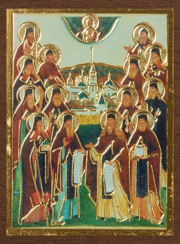 Икона Икона "Собор преподобных Оптинских старцев" 4х6 на МДФ-6