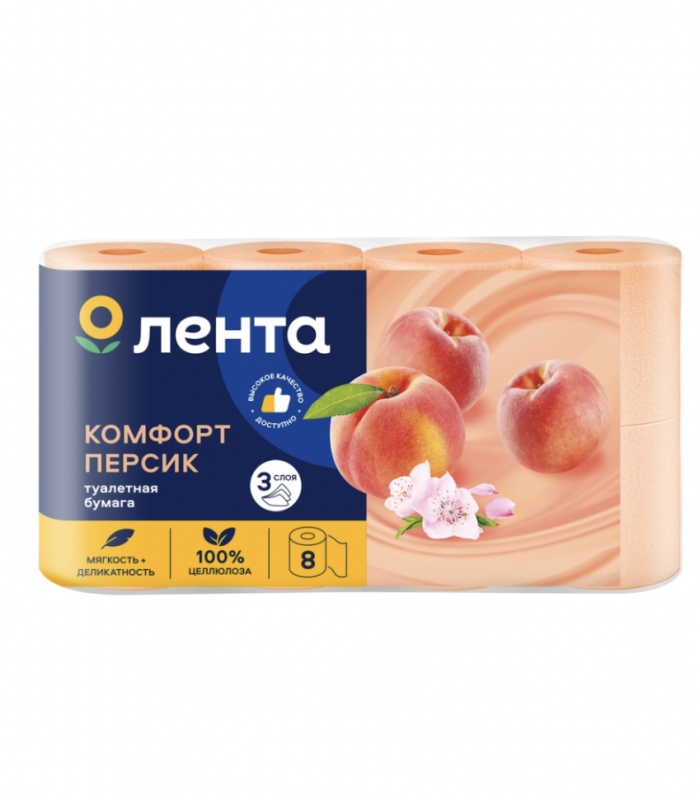 Бумага туалетная ЛЕНТА 3 слоя с ароматом персика, 8шт Бумага туалетная ЛЕНТА 3 слоя с ароматом персика, 8шт