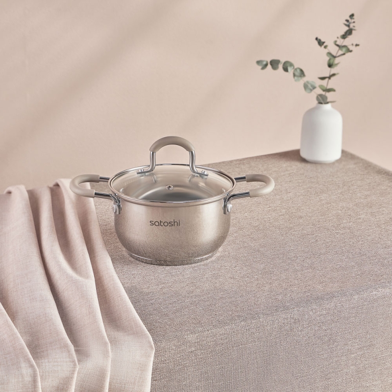 SATOSHI Альбер Набор кастрюль 6 пр.: 1,8л, 2,5л, 3,5л, бежевые силиконовые ручки, со стекл. крышкой SATOSHI Альбер Набор кастрюль 6 пр.: 1,8л, 2,5л, 3,5л, бежевые силиконовые ручки, со стекл. крышкой