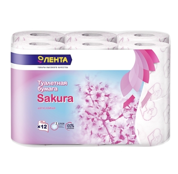 Бумага туалетная ЛЕНТА 2 слоя с ароматом сакуры, белая с розовым тиснением, 12шт Бумага туалетная ЛЕНТА 2 слоя с ароматом сакуры, белая с розовым тиснением, 12шт