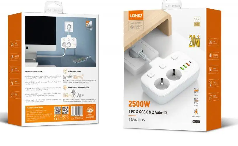 Сетевой фильтр на 2 розетки + 3 USB 2500W SC2435 LDNIO Сетевой фильтр на 2 розетки + 3 USB 2500W SC2435 LDNIO