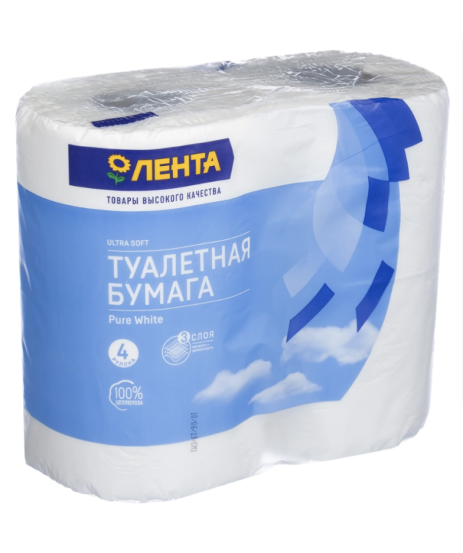 Бумага туалетная ЛЕНТА 3 слоя белая, 4шт
