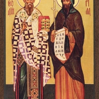 Икона "Кирилл и Мефодий" 6х9 на МДФ-6