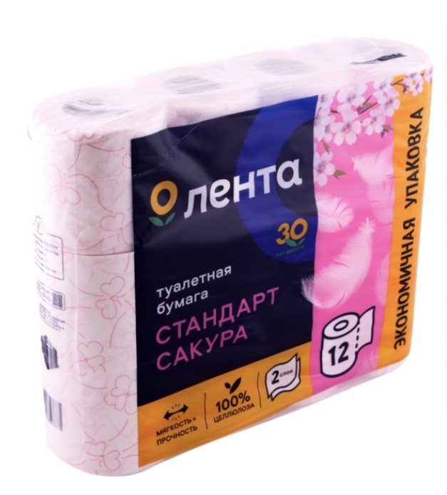 Бумага туалетная ЛЕНТА 2 слоя с ароматом сакуры, белая с розовым тиснением, 12шт Бумага туалетная ЛЕНТА 2 слоя с ароматом сакуры, белая с розовым тиснением, 12шт
