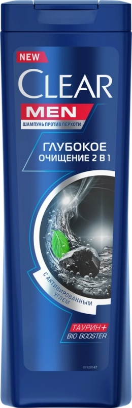 Шампунь мужской против перхоти  "CLEAR MEN"  глубокое очищение 2 в 1 с активированным углем