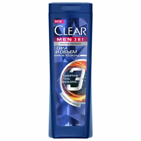Шампунь мужской 3 в 1 против перхоти   Шампунь мужской 3 в 1 против перхоти  "CLEAR MEN"  сила и объем за 30 секунд. Шампунь/гель бальзам с ароматным хмелем