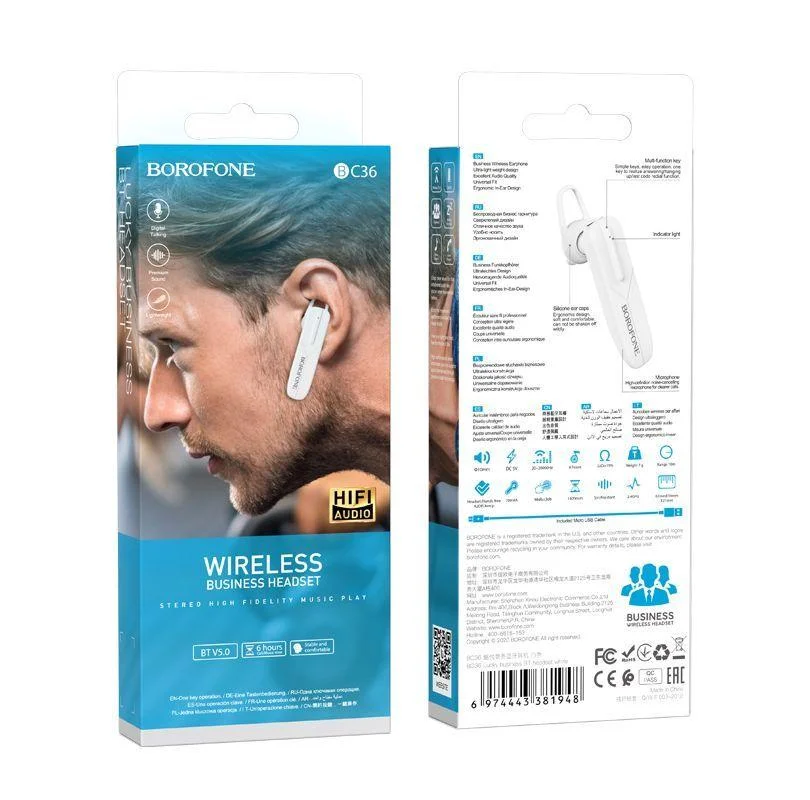 Гарнитура Bluetooth BC36 BOROFONE белая Гарнитура Bluetooth BC36 BOROFONE белая
