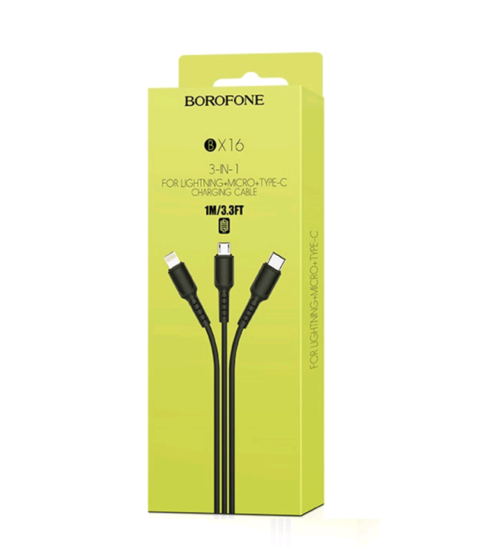 Кабель BX16 USB 3 в 1 (Micro + Lightning + Type-C) Кабель BX16 USB 3 в 1 (Micro + Lightning + Type-C)