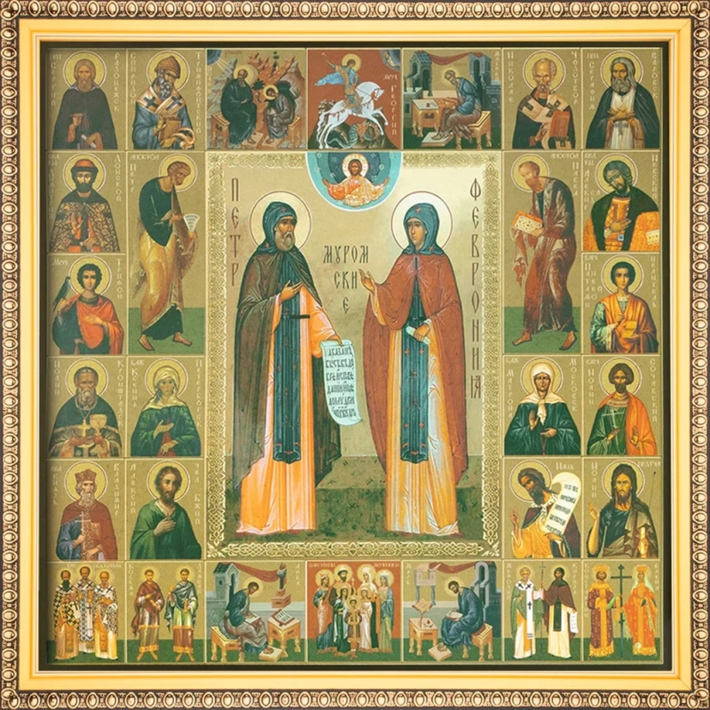 Икона "Петр и Феврония", рама 28х28, в коробке