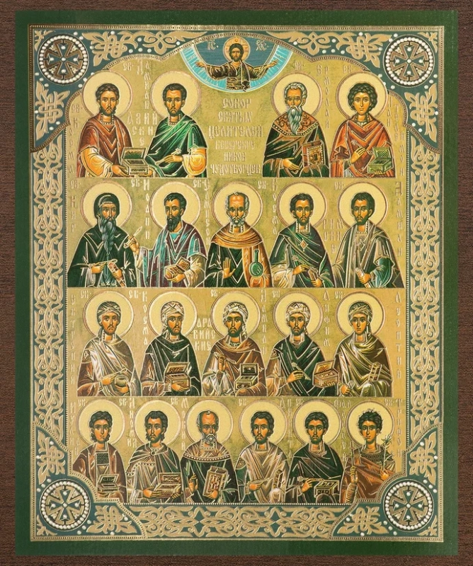 Икона "Собор Целителей" 15х18 на МДФ-6