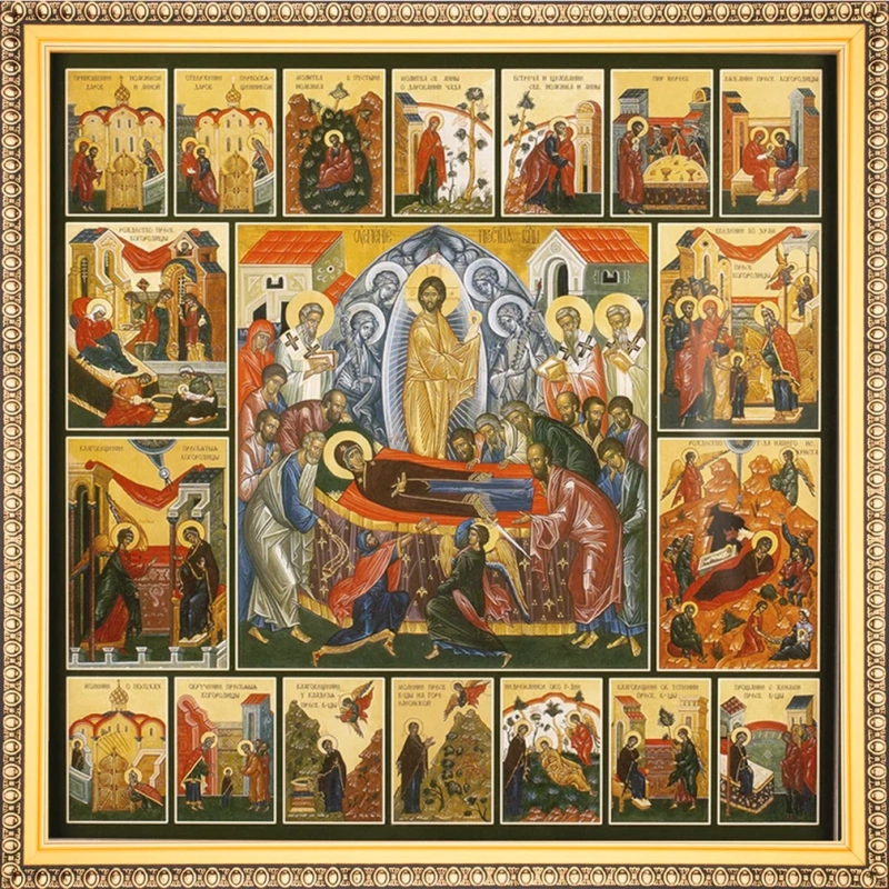 Икона "Успение Пресвятой Богородицы" с житиями, рама 28х28, в коробке