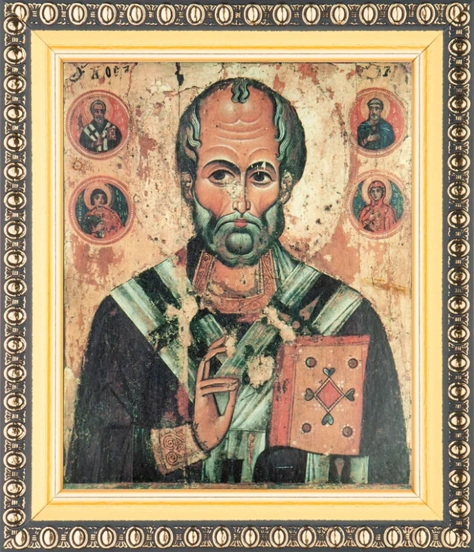 Икона "Николай Чудотворец" (поясн., стар. образ) 10х12 в раме 13х15