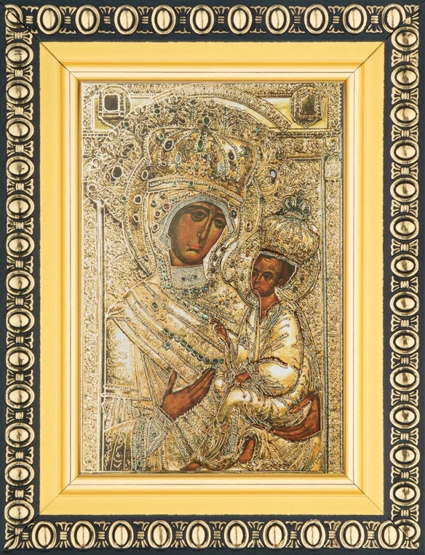 Икона БМ "Тихвинская" в ризе, 6х9 в раме 8х11
