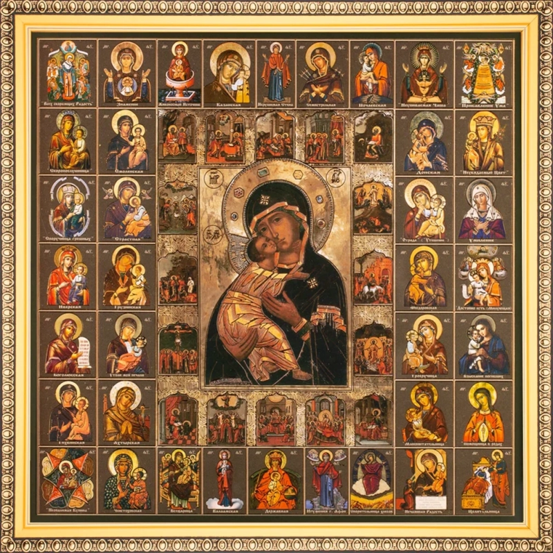 Икона БМ "Владимирская" и Собор Богородицы, рама 28х28, в коробке