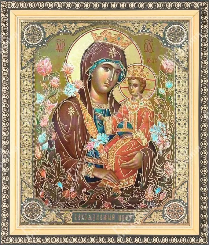 Икона БМ "Неувядаемый цвет", вид 2, 15х18 в раме 18х21
