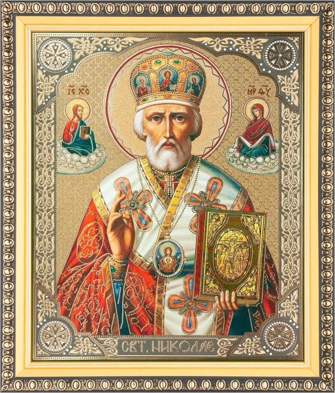 Икона "Николай Чудотворец" (фон зеленый) 15х18 в раме 18х21