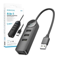 USB-концентратор Borofone DH5, Erudite 4-in-1, 4 гнезда, 4xUSB 2.0, кабель USB 1.2м, чёрный