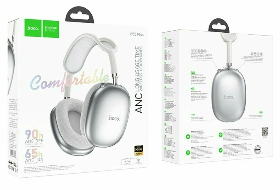 Беспроводные наушники Bluetooth Hoco W55 Plus (накладные, активное шумоподавление) Серебро